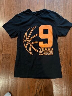 Kids Black T-Shirt with Orange '9 Years of Being Awesome' Graphic
